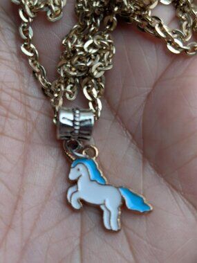 Cute Vintage Light Blue Color Enameled Unicorn Charm/Pendant Necklace
